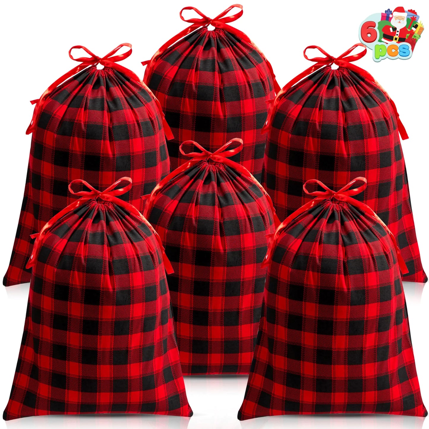 JOYIN 6 Stück Weihnachtliche Stoffzugbeutel 19" x 14,5" Wiederverwendbare Weihnachtssäcke Buffalo Plaid Tuchbeutel für Weihnachtsgeschenke Partygeschenk
