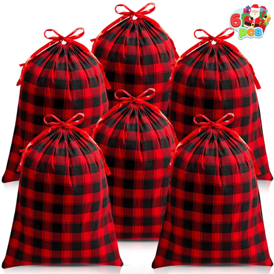 JOYIN 6 Stück Weihnachtliche Stoffzugbeutel 19" x 14,5" Wiederverwendbare Weihnachtssäcke Buffalo Plaid Tuchbeutel für Weihnachtsgeschenke Partygeschenk